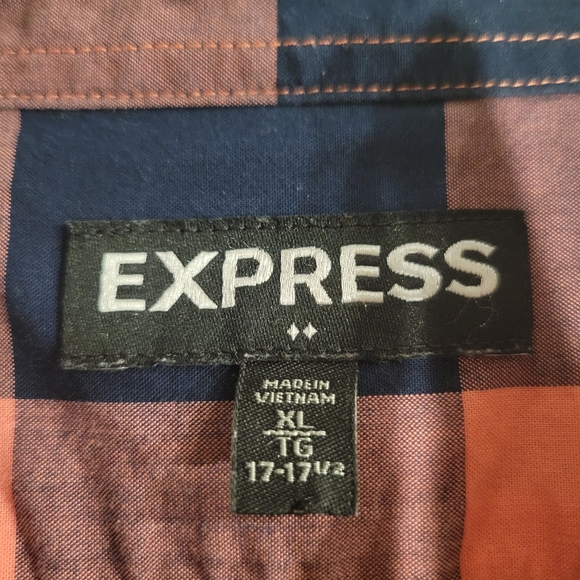 Express Mens Long Sleeve Button Down Salmon/Navy Plaid - Picture 2 of 3